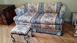 Warm and Cozy describes this custom covered Loveseat Sofa with matching footstool, comes with Square and Round Pillow making it extra comfy.