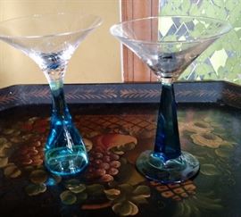 Beautiful Cobalt blue/clear martini glasses that will add style to any summer evening Martini Party.