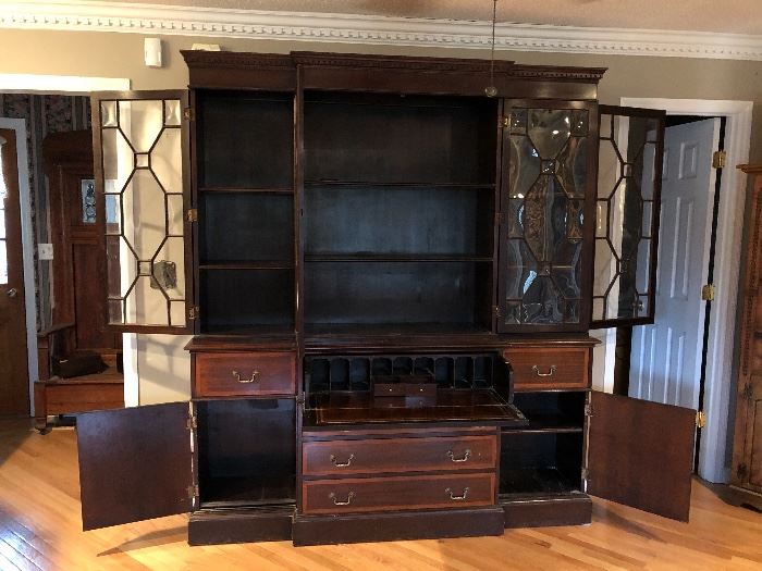 1820-1820 Breakfront Bubble Glass Drop Secretarial  Desk showing inside cabinet view