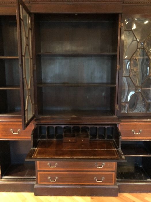 1820-1880 Breakfront Library Cabinet featuring the Secretarial Drop Desk and Bookcase/Hutch showcasing the Bubble Glass Doors.