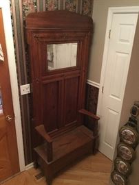 Antique handmade by St. Elmo Family, Hall Wall Coat Rack with storage Seat.