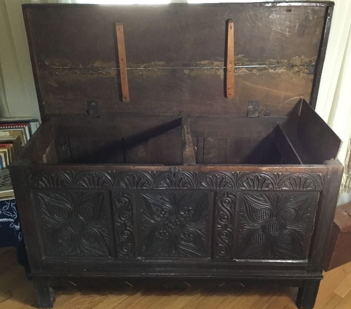 View of the Ladies Dowry Chest showing the sections and a hidden drawer for her valuable Jewerly.