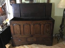 Made in England in the mid 1800’s, showing a view of this beautiful Dining Room SideBoard open. Zoom in to see the notched top attached to the base of the SideBoard. Board handmade Chest. Zoom in to look at the top where two cut notches are secured in place as it sits upright to place or remove fine China, Linens, etc.
