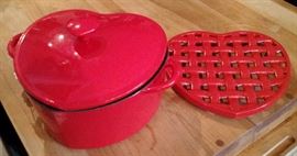 Living Quarters Heart Shaped cast iron Red Heart shaped Covered Casserole and Trivett