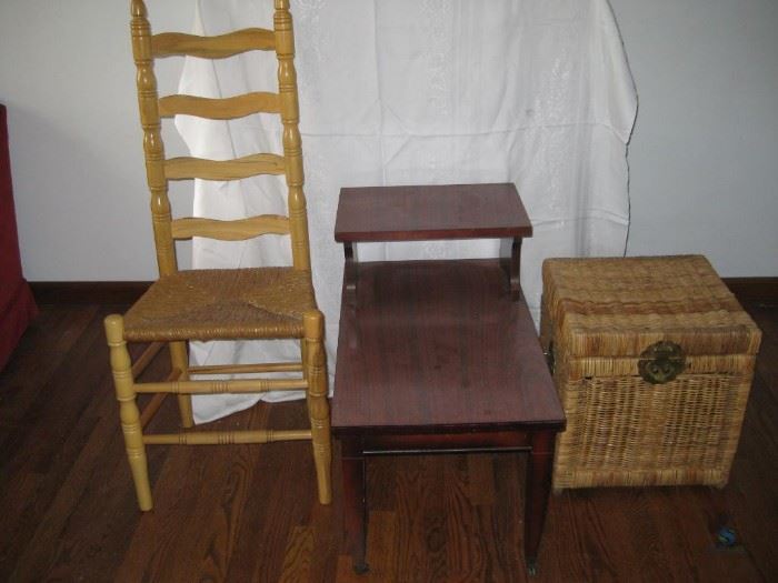 Ladder back chair, end table, and wicker chest