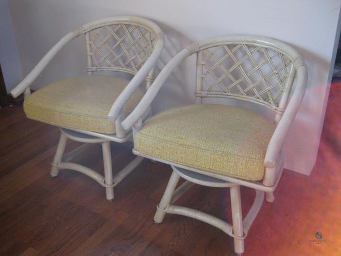 Mid Century White Bamboo Swivel Chairs