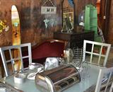 Upcycled Cypress Garden Skis, retro silver dining room table and 4 chairs, antique dresser