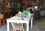 Butcher block and white kitchen table, end tables, vintage wooden high chair, chandeliers