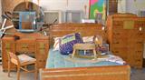 Art Deco 1930s Bedroom Set includes vanity, head and foot boards, and tall dresser.