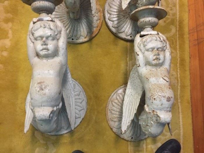 (6) 19th c. Cast Iron Cherub Candle Sconces from a Church in France