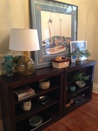 Shelf units; gold glass lamp