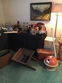 antique child's stove, child's working sewing machine in box, vintage picnic basket, croquet set with stand