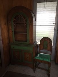 Antique stenciled china cabinet with 2 chairs