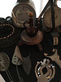 Antique postal scale, shoe stretchers, vintage cruet, vintage bottle opener