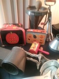 Halloween tins, antique orange squeezer, antique egg beater