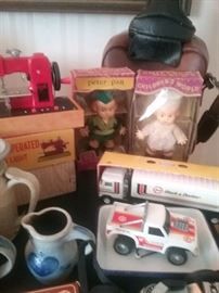 Antique child's sewing machine, Buddy-L Truck in box, camera bag