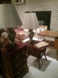 Pair of Antique lamps, sewing table, 