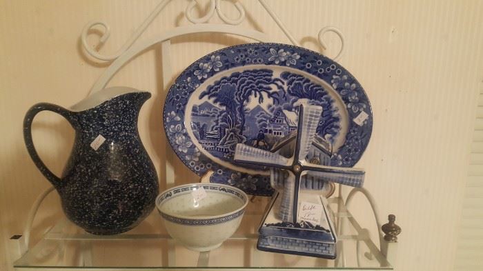 Numerous pieces of blue and white. Speckle Ware, Willow Ware, delf.