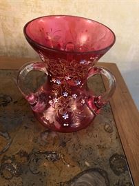 1 of a pair of antique cranberry vases