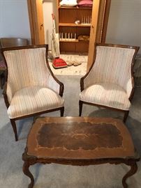 1940s  vintage fine pair of chairs & inlaid small coffee table