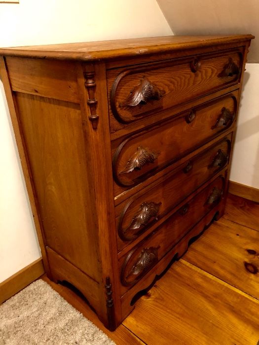 Antique 4-drawer bureau with oak hand carved pulls