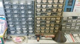 Small Hardware Bins, Speed Drill, Metal Funnel