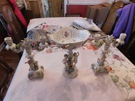 Ornate Dresden Centerpiece and Accompanying Candlesticks