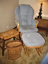 Rocker with Ottoman, Weaved Basket and Bench