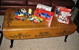 Ethan Allen Drop Leaf Coffee Table and Collectible Race Cars, etc.