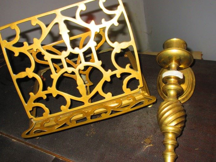 Brass book stand and candle sconce