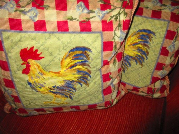 Pair of needlepoint rooster pillows