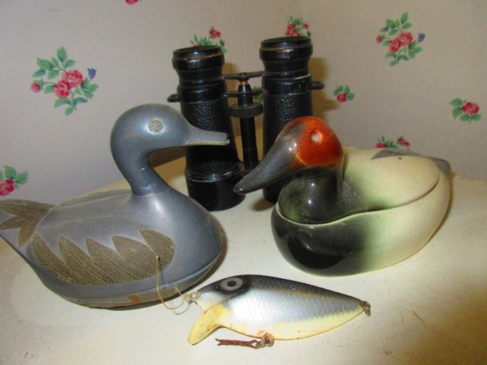 Binoculars, Duck Boxes, & Fishing Lure