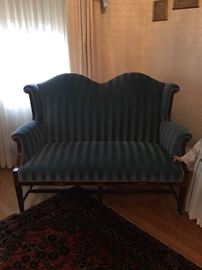 Upholstered settee in blue, matching chair 
