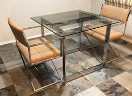 Bon Marche MCM Chrome and Glass Dining Table w 2 Chairs