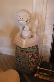 Pair of white ceramic foo dogs & garden seats