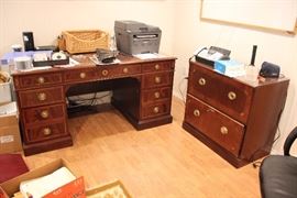 Inlaid mahogany desk with file cabinet