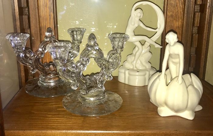 Crystal candle sticks; and Art Deco nude ladies flower frogs