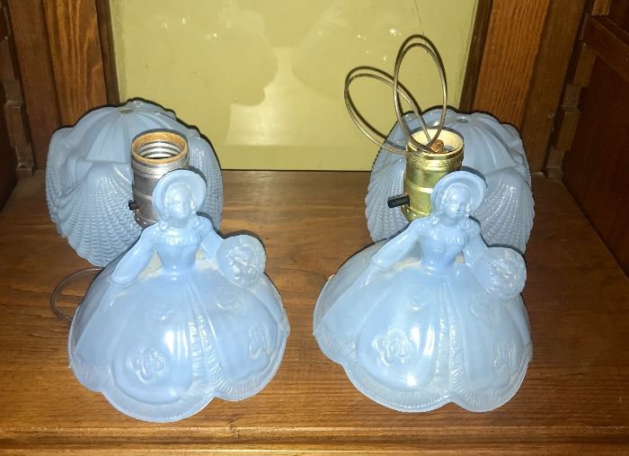 Pair of antique Sea Shell blue Cambridge  satin glass southern belle lamps