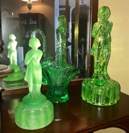 Art Deco green  Vaseline Cambridge nude ladies/ flower frogs