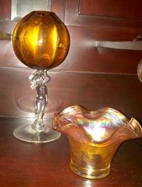 Art Deco iridescent vase; Art Deco Cambridge nude and bowl