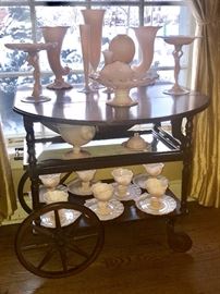 Antique Tea Cart and collection of " Crown Tuscan" by Cambridge  - cups on bottom shelf are sold