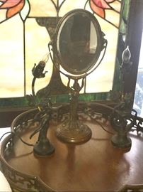 Small Art Deco table mirror and 2 matching bronze lady lamps