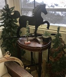 Large Horse Weather Vane; forest fir trees; antique table