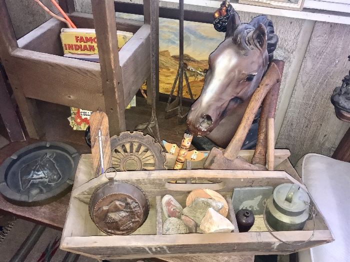 Old hand made wood tool box, stones, wood hand tools, horse head ashtray - wood box sold