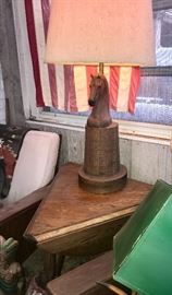 Wood Horse head lamp  and side table with three drop down sides 
