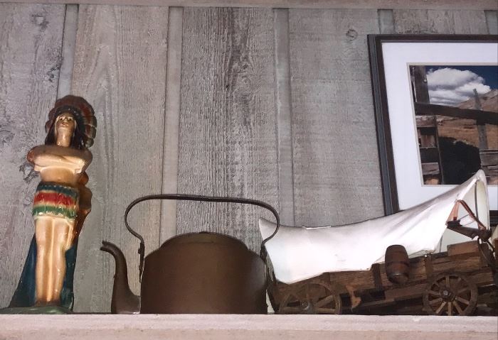 Antique tea kettle; "prairie schooner"  covered wagon