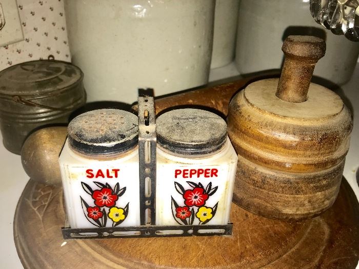 Vintage pair of "Tipp Mill" Glass salt and pepper in caddy
