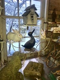 1 of 2 matching plant stands,  matching Lefton rabbit planters,  cast iron duck and bird house 