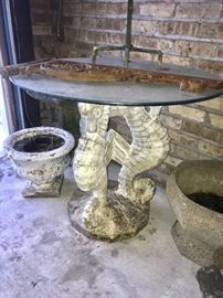 Wonderful large Sea Horse table (cement) with glass top