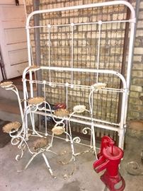 Vintage Cast iron twin bed, Red cast-iron water pump and 3  vintage Wrought iron plant stands